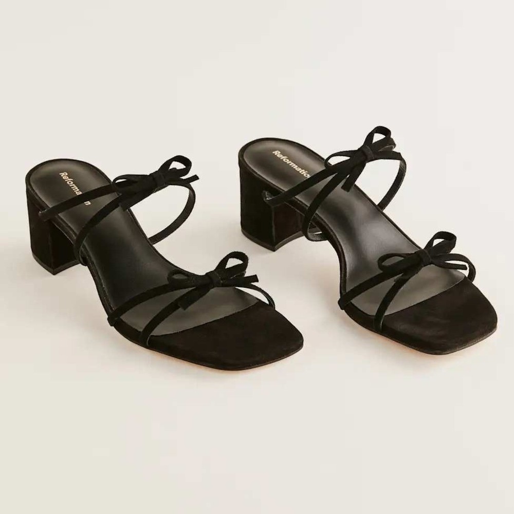 Reformation Elodie Block Heeled Sandal | Black Suede Bow Block Heel 6